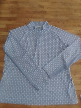 Lady Hagen Blue and White Polka Dot Zip-Front Pullover
